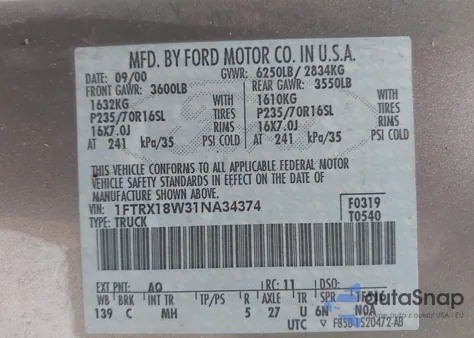 2001 Ford F-150 Lariat/Xl/Xlt из США, поврежденный, VIN 1FTRX18W31NA34374